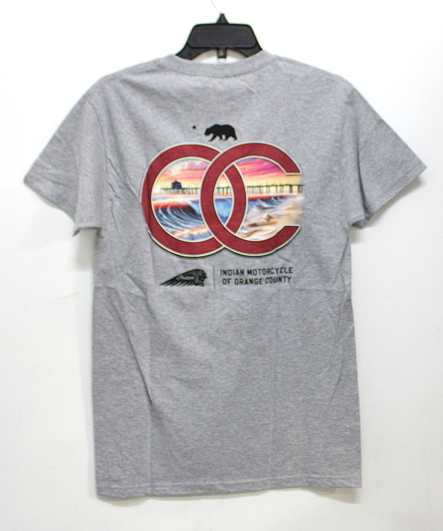 MENS LIGH GREY INDIAN MOTORCYCLE ORANGE COUNTY DEALER TEE